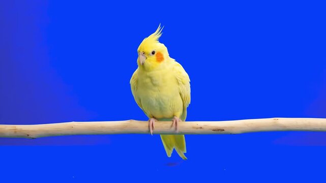 Yellow cockatiel parrot with bright orange cheeks sitting perched on a wooden branch over a studio blue screen background. Ideal for exotic pet promos, tropical bird videos, veterinary care ads, pet s