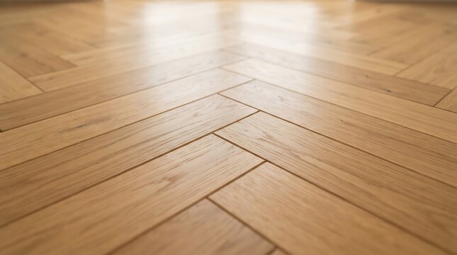Close-up view of high-quality light oak wood parquet flooring in a precise herringbone pattern with natural grain and soft ambient lighting for interior design