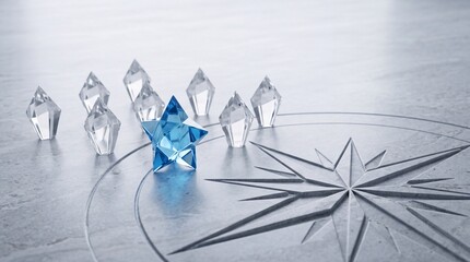 Fototapeta premium Blue glass star leading clear crystal elements over a carved stone compass rose, illustrating leadership, guidance, strategic vision, and navigating towards success in a business concept.