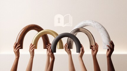 Fototapeta premium Diverse Hands Holding Arches of Different Materials Like Marble Gold and Wood with a Symbolic Glowing Book Icon Representing Multi-Perspective Knowledge Access and Creative Core Concept Metaphor
