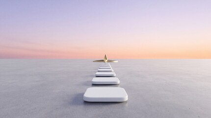 Fototapeta premium Minimalist 3D render of white stepping stones forming a path leading towards a golden star icon against a soft pastel sunset sky, representing business growth, progress, and reaching goals.