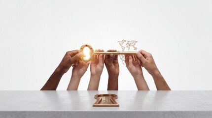 Fototapeta premium Diverse Group of Multiracial Hands Holding a Large Golden Key with a Global Map Design Over a Keyhole with Welcome Text, Representing International Teamwork, Global Success, and Inclusive Access.