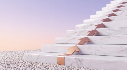 Fototapeta premium Conceptual 3D Illustration of Elegant White Marble Stairs with a Rose Gold Arrow Path Leading Upwards Against a Sunset Sky; Representing Career Growth, Progress, Success, and Ambition Metaphor