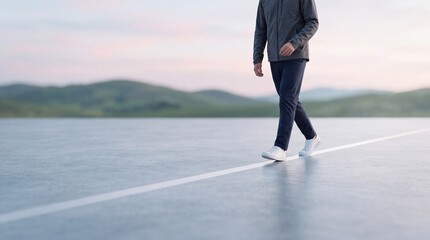 Fototapeta premium A man in casual wear walking precisely along a straight white line on a smooth outdoor surface, representing metaphorical concepts of focus, following a path, precision, and staying on track.