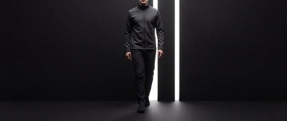 Fototapeta premium Confident man in sleek athletic techwear walking forward through a dark minimalist space with vertical light bars, representing a metaphor for progress, modern urban fashion, and editorial style.