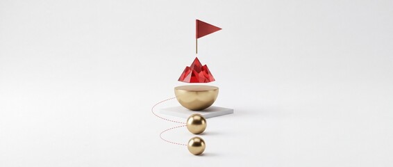 Fototapeta premium Abstract 3D Conceptual Illustration of a Red Dotted Path Leading Through Golden Spheres to a Ruby Crystal Mountain with a Success Flag Representing Business Achievement and Strategic Milestones