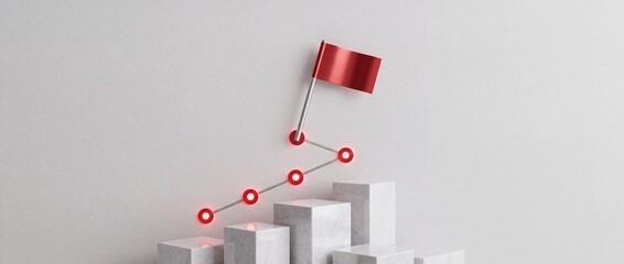 Fototapeta premium Minimalist 3D abstract representation of business growth and success featuring marble pedestals and an ascending line graph leading to a red flag goal on a clean white professional background.