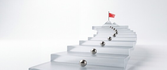Fototapeta premium Business success concept and career progression showing a glass staircase with silver metallic spheres leading towards a red flag on a mountain peak against a clean white minimalist background.