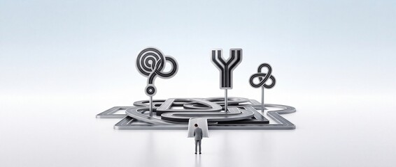 Fototapeta premium Businessman standing before a complex road maze with symbols of question mark and fork in the road representing business strategy, decision making, and career challenges in a minimalist studio