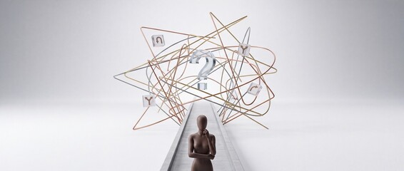 Fototapeta premium Conceptual 3D Illustration of a Thinking Figure Facing a Tangled Maze of Complexity and Decision Making with a Question Mark and Directional Symbols on a Clean White Minimalist Background