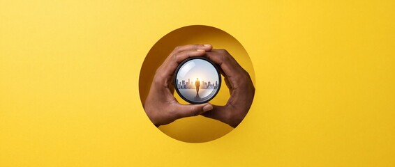 Fototapeta premium Hands holding a round lens showing a businessman walking towards a modern city skyline at sunset, seen through a hole in a yellow background, symbolizing business vision, future goals, and career