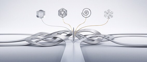 Fototapeta premium Conceptual 3D render of branching paths and diverse geometric symbols representing decision making, strategic complexity, and various possibilities in a clean, minimalist environment.