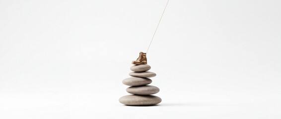 Fototapeta premium Conceptual image of a golden miniature work boot perfectly balanced on a stack of smooth grey zen stones with a thin wire against a white background, symbolizing business stability and career growth.
