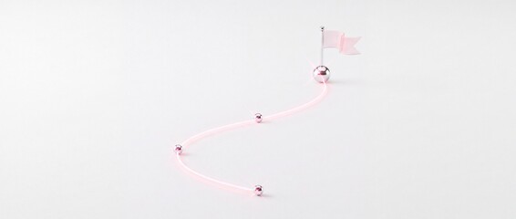 Fototapeta premium Minimalist conceptual 3D render of a winding glowing pink path connecting silver metallic spheres toward a goal flag, symbolizing business strategy, roadmap milestones, and journey to success.