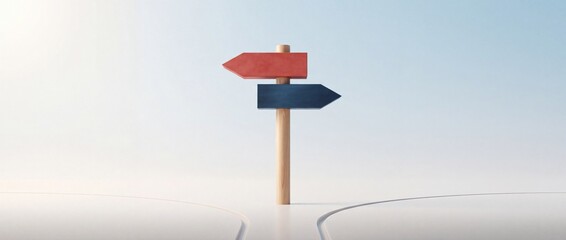 Fototapeta premium Conceptual Image Representing Choice and Decision Making with a Wooden Signpost Holding Red and Blue Arrows Pointing in Opposite Directions Over Diverging Paths on a Clean Minimalist Background