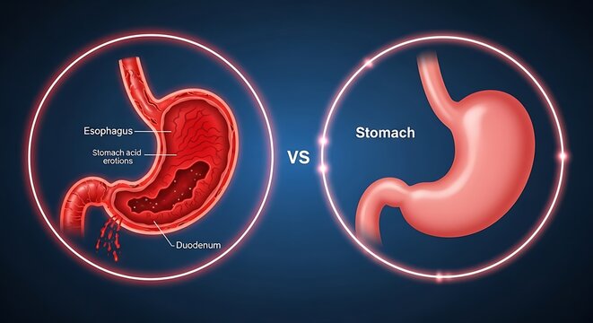 Stomach comparison set showing healthy organ versus acid erosion issues