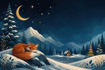 Fototapeta premium Sleeping fox beneath crescent moon in snowy mountain forest