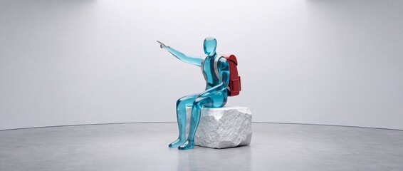 Fototapeta premium Conceptual 3D illustration of a translucent blue glass figure with a red backpack sitting on a white rock and pointing forward, representing future vision, travel journey, and guided exploration