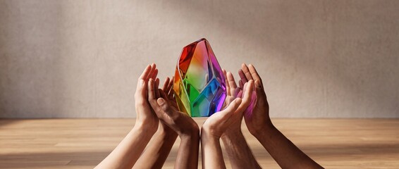 Fototapeta premium Diverse Group of Hands Representing Different Ethnicities Holding a Vibrant Multi Colored Rainbow Faceted Crystal Metaphor for Unity Inclusion Teamwork and Community Harmony