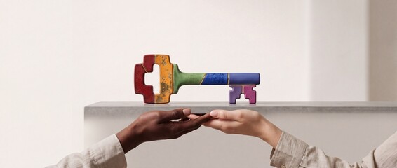Fototapeta premium Conceptual image of diverse hands holding a multi-colored puzzle key symbolizing unity, partnership, and the collaborative solution to success in business and social integration