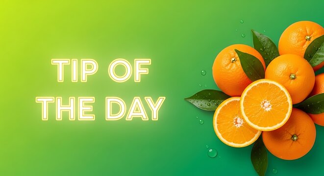 Tip of the day text with fresh oranges on green surface