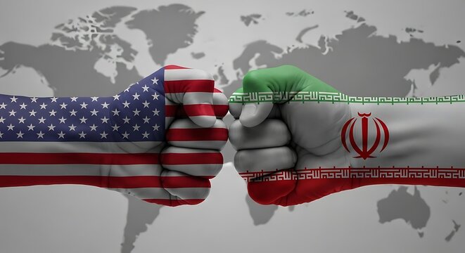 Two fists showing usa and iran flags facing global map