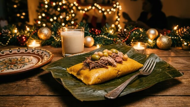 Traditional tamale served on a banana leaf for a festive christmas dinner party