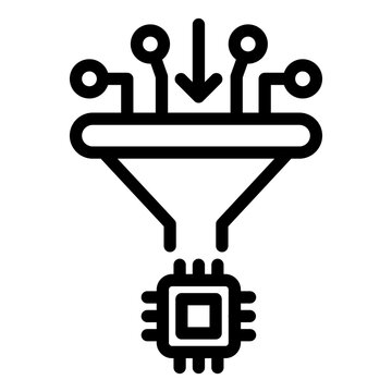 Artificial intelligence automation workflow line icon showing data processing through a funnel into a microchip, representing smart machine learning, big data analytics, and digital tech.
