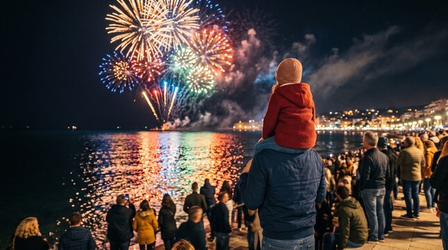 Father carrying young child on his shoulders while watching colorful fireworks show exploding over sea with crowd of people on waterfront promenade