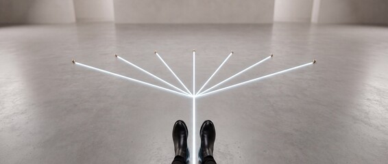 Fototapeta premium Conceptual first person view of a person in black boots standing at a junction of branching glowing white lines on a concrete floor, symbolizing choice, strategic paths, and future possibilities.
