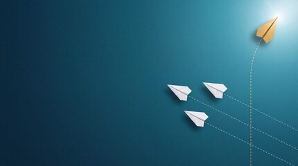 Fototapeta premium Golden paper plane changing direction and flying upwards toward the light with white paper planes following on blue background, metaphor for leadership, innovation, and unique business strategy.