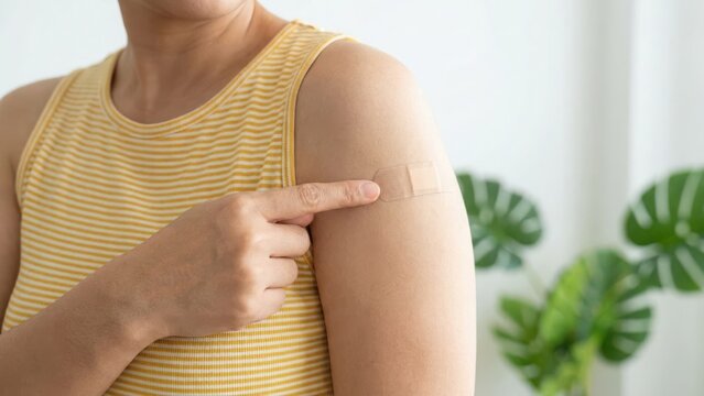 Woman pointing at a medical adhesive bandage on her arm after getting a vaccine shot