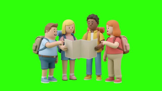 3D cartoon tourists with backpacks standing together and studying a paper paper map on a chroma key green background. Perfect for travel agency promos, navigation app UI, tourism commercials, vacation