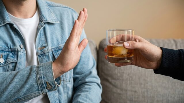 Young man refusing a glass of whiskey or alcoholic drink