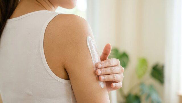Young woman applying moisturizing lotion or cream on her shoulder at home
