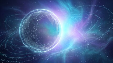 Fototapeta premium Digital Planet Sphere Surrounded by Glowing Orbital Rings and Ethereal Nebula Light Background