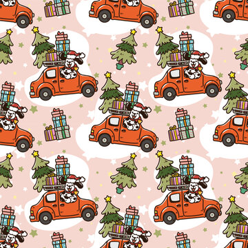 Cute Christmas seamless pattern featuring an orange car carrying gifts, an adorable dalmatian in a Santa hat, Christmas trees. Perfect for holiday wrapping paper and fabric.