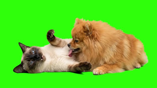 Fluffy Pomeranian spitz dog playing with a Siamese cat lying on its back isolated on a chroma key green screen background. Suitable for funny pet videos, animal shelter promos, pet care advertising, v