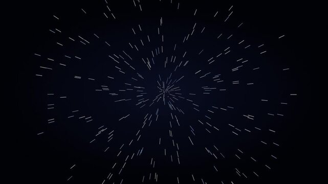 Hyperspace starburst motion graphic, fast light speed travel effect, glowing white particle streaks exploding from center on dark blue background