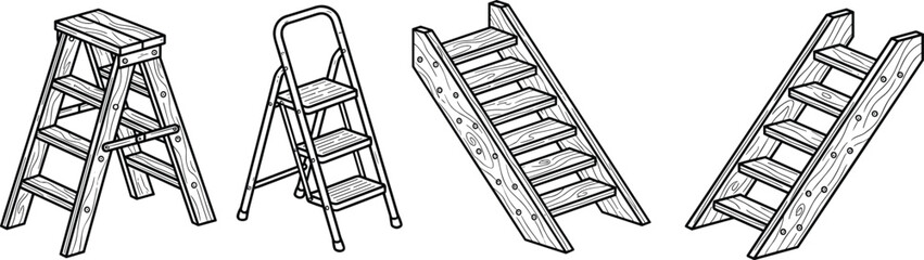 Vector set of sketch icons showing step ladders and wooden stairs isolated on a white background © MD