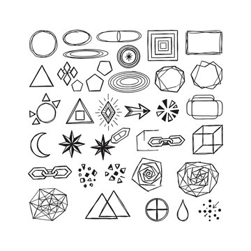 Handdrawn geometric shapes and mystical symbols collection isolated on transparent background