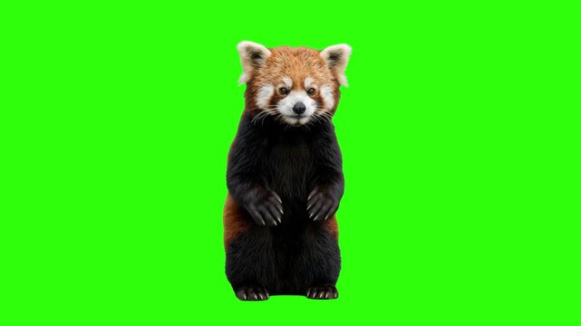 Cute red panda standing upright on two hind legs with paws raised in defense posture over a chroma key green background. Excellent for funny animal videos, wildlife conservation promos, zoo advertisin
