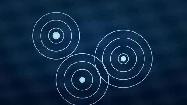 Abstract sonar radar signal waves on dark blue background, digital communication network concept, high tech radio frequency animation