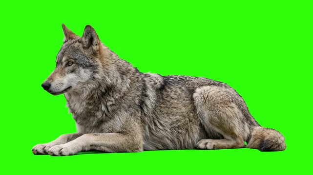 Wild grey wolf lying down and resting over a chroma key green background. Perfect for nature documentaries, forest fauna promos, wild predator videos, zoology education, and keyable video overlay edit