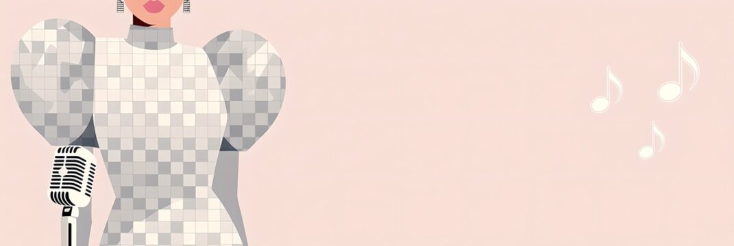 Retro Kpop female singer with vintage microphone and floating musical notes on soft pink backdrop, flat vector illustration of checkered dress, copy space for design