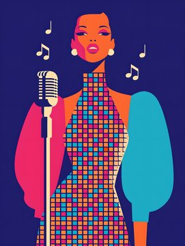 Elegant female singer portrait in colorful checkered gown with retro microphone and music notes on navy backdrop, Reggaeton bold flat vector illustration, copy space