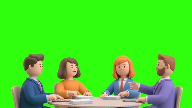 Animated 3D cartoon business women sitting at a desk during a corporate meeting over a chroma key green background. Perfect for business presentations, corporate explainer videos, educational promos, 