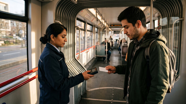 Inspector scans fare card in articulated tram bay