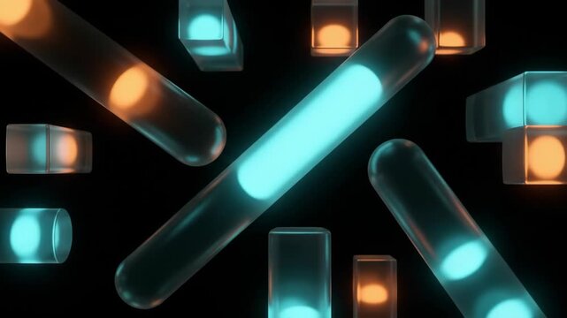 Animated 3D glass capsules with glowing cyan blue and orange neon light floating on a dark background. Great for futuristic tech promos, medical research intros, sci-fi video projects, nightclub visua