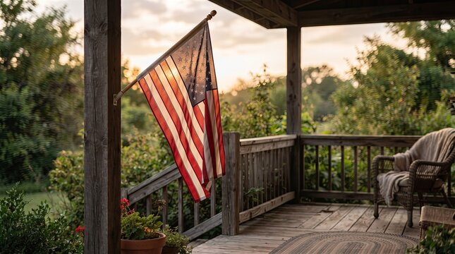 American flag hanging on a rustic wooden porch at sunset